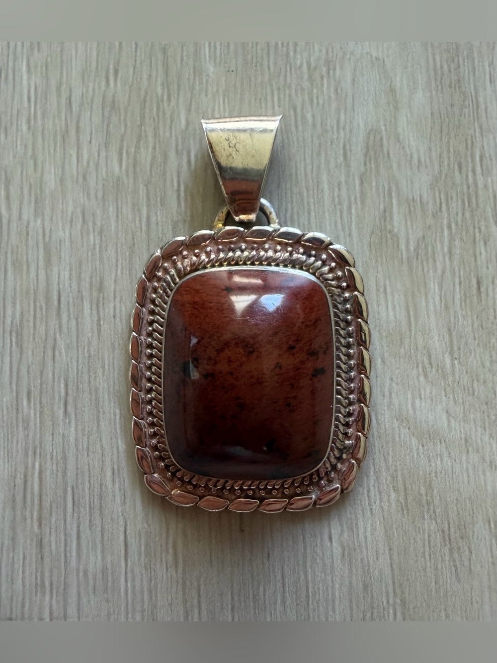 Vintage Mexico Sterling Silver Red Jasper Rectangle Braided Edge Pendant 21g